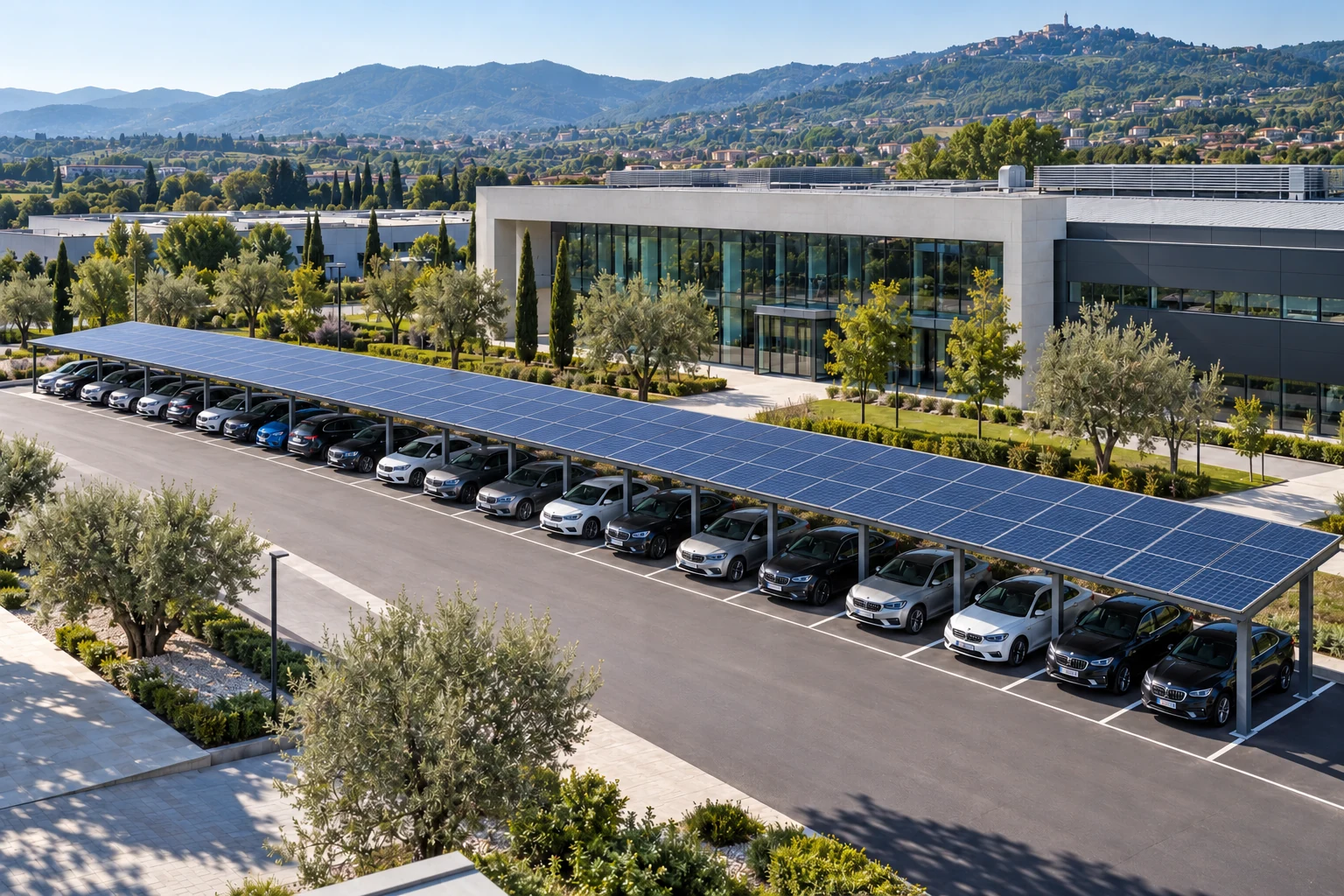 Immagine illustrativa di una grande pensilina fotovoltaica con posti auto disposti in fila