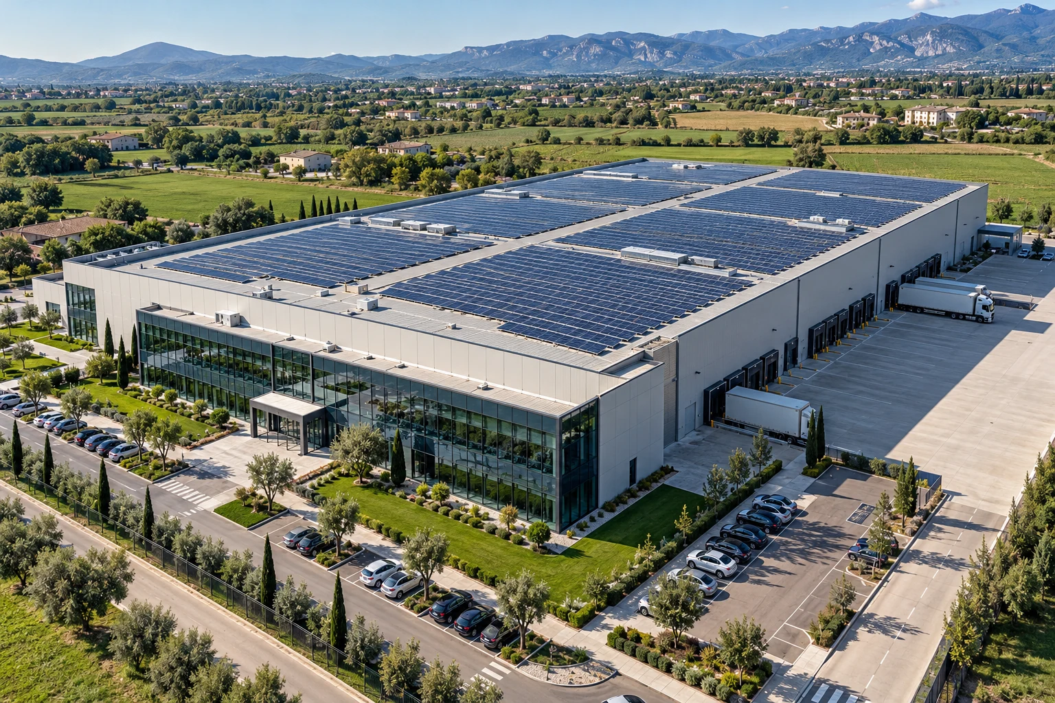 Immagine illustrativa di una sede industriale con ampia copertura fotovoltaica